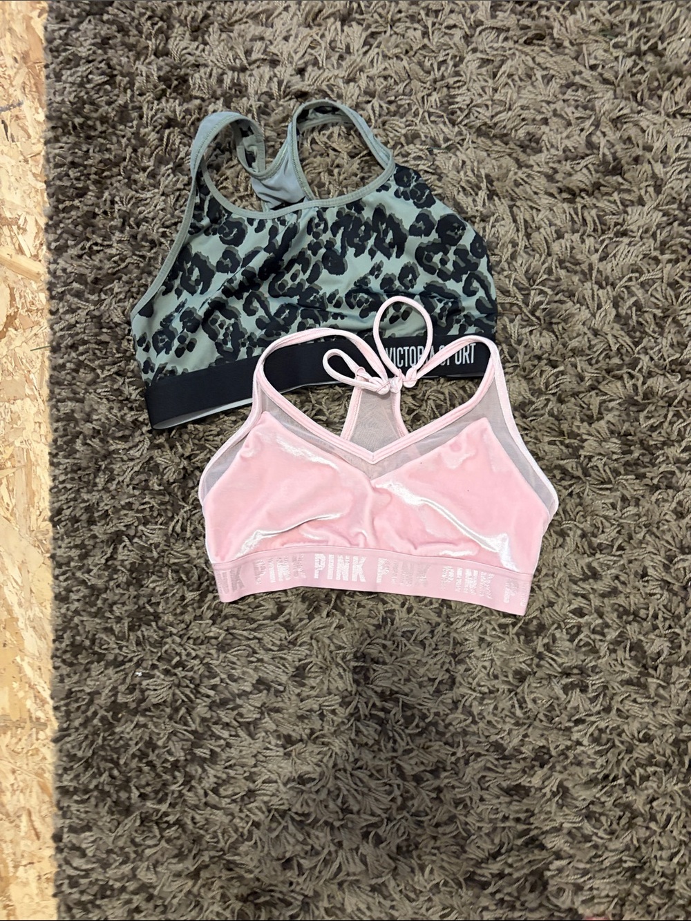 PINK Victoria's Secret Light Pink Velvet Bralette with Green Camo Sports Bra